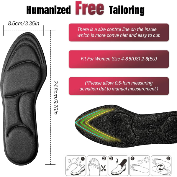 2 par (svart 30-40M) Memory Foam Arch Support Pads for Fasciitis Innersåler Støvler Hæler Smertelindring Bunion Fødder