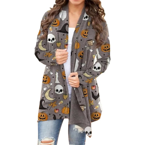 Dame Halloween Kat Græskar Cardigan Langærmet Åben Front Strik Yderbeklædning Frakke Plus Størrelse Strik Trøje Top L