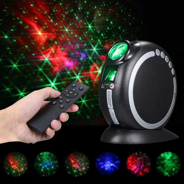LED laser stemningslampe, projektorlampe, natlampe, musiklampe, farve dekorationslampe, stjernehimmellampe, LED lampe, RGB gaming lampe, sort
