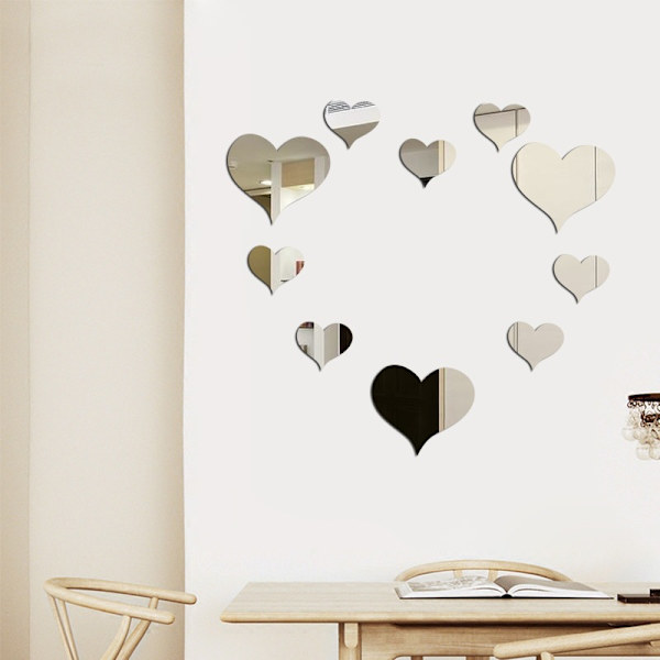 (Silver) Spegelväggsdekaler, 3D Kristall Dubbel Kärlek Hjärta Akryl DIY Konst Väggdekaler Hem Vardagsrum Badrum TV Bakgrund Dekor, 10 st / 1 set