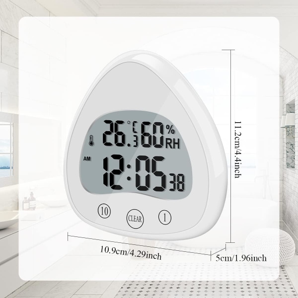 Digitalt baderomsklokke vanntett dusjklokke LCD-timer ℃/℉ temperaturfuktighetskjøkken-timer med sugekopphullbrakett