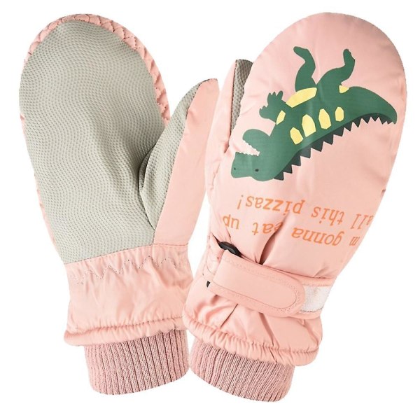 Vattentäta och köldsäkra handskar för barn med dinosauriemönster förtjockade varma enfingerhandskar rosa