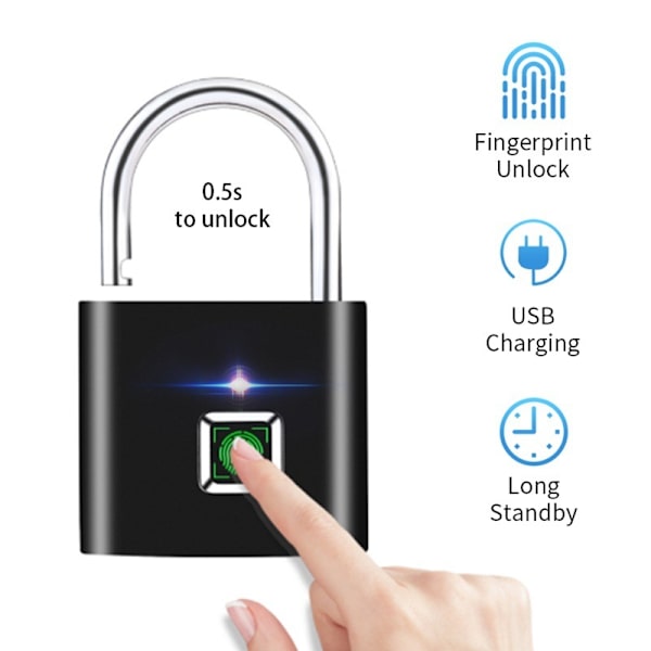 Utendørs smart fingeravtrykklås vanntett Bluetooth fingeravtrykk hengelås svart