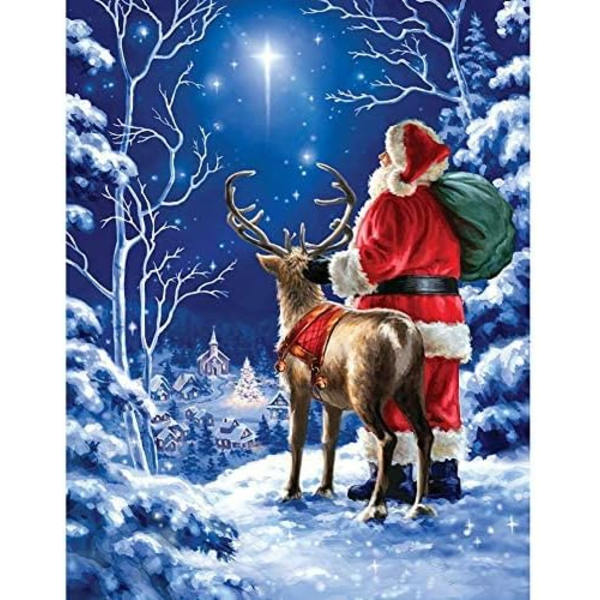 Jouluinen timanttimaalaus aikuisille, sarjakuvatimanttimaalaussetti, kuun yö, joulupukki ja hirvi, kodin seinäkoriste, jouluaiheinen 12x16 tuumaa