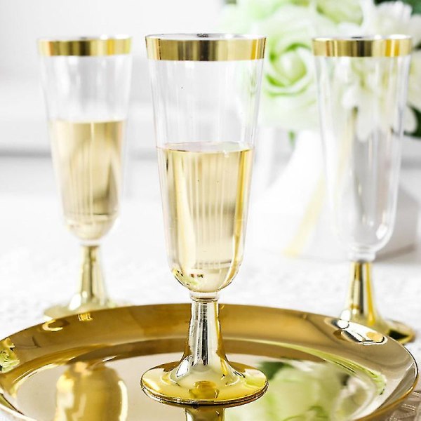 12 st disponibel champagneflöjt gyllene kantad rödvinsbägare av plast till bröllopsfest (150 ml)