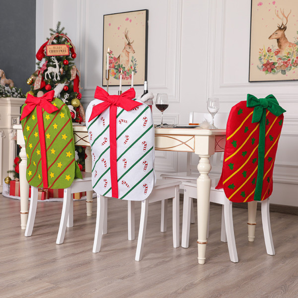 3PCS Christmas Chair Back Cover Bowknot Gift Package Design Christmas Decoration Chair Cover for Restaurant Hotel Home Kitchen Dining Room