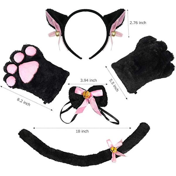 Katt Cosplay Kostym - 5 Delar Set Kattöron & Svans Med Krage Tassar Handskar