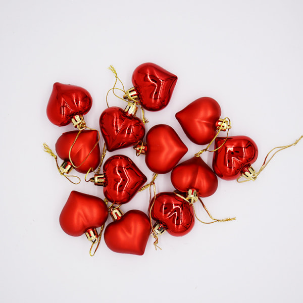 12 hjärtformade prydnader för alla hjärtans dag och jul, 2 olika stilar av hjärtformade bollar, hjärtformade prydnadsföremål för julgran (röd)