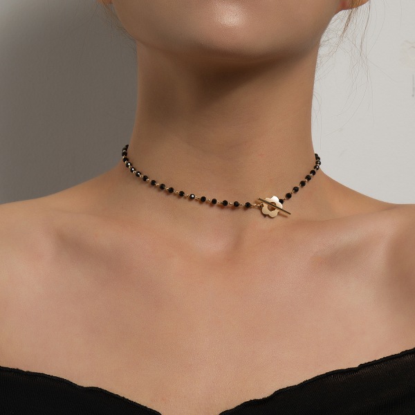 Svart kristallglaspärla kedja enkel OT spänne kort blomma halsband