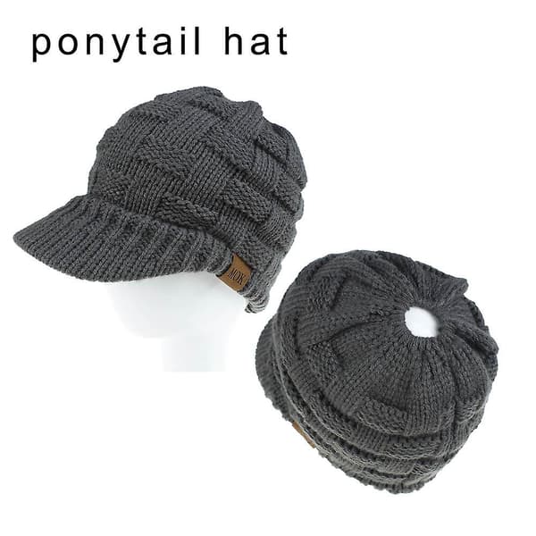 Mössa med knut, vintervarm, stickad, hög bulle, hästsvans, hatt, solskärm Beige