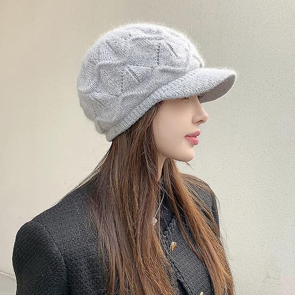 Dam vintermössa varm stickad slouchy ullmössa keps med visir Grey