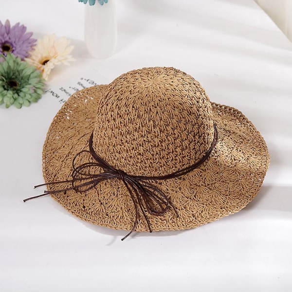 Dame Bredskygget Hat Foldbar Sommer Strand Sol Halm Hat Khaki