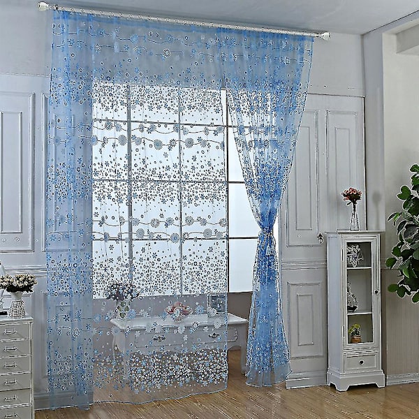 Blomstermønstret gjennomsiktig voilegardin 1 panel stanglomme slissetopp nettvindusdekor Blue 100 x 200cm