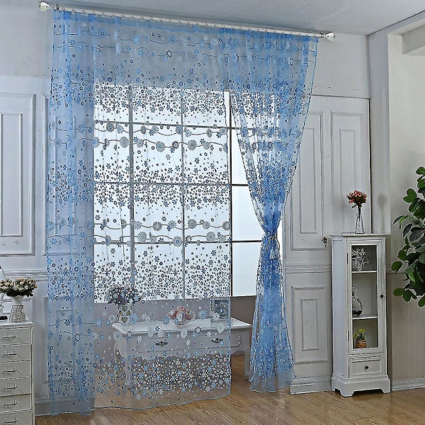 Blomstrede Voile Gardiner 1 Panel Stanglomme Slot Top Net Vindue Dekoration Blue 100 x 200cm