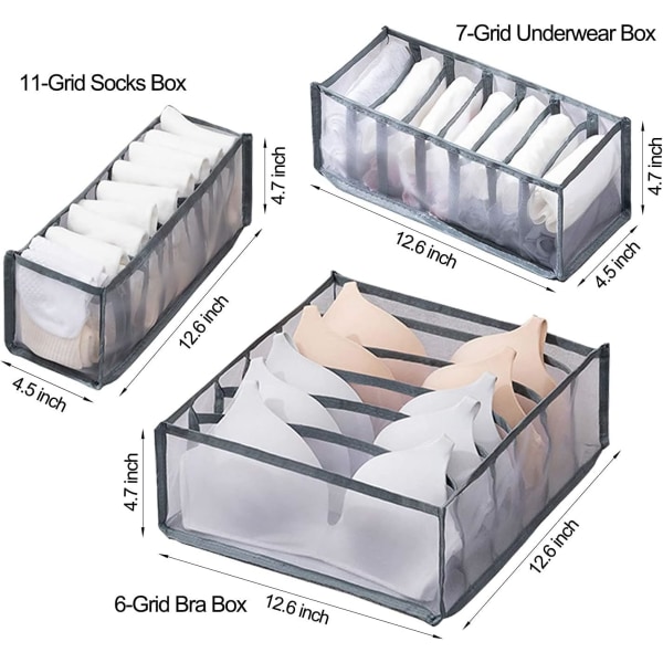 Set av förvaringsbox för underkläder, hopfällbar förvaringslåda för underkläder för underkläder, strumpor, slipsar, BH:ar, underklädersförvaringslåda grå avdelare