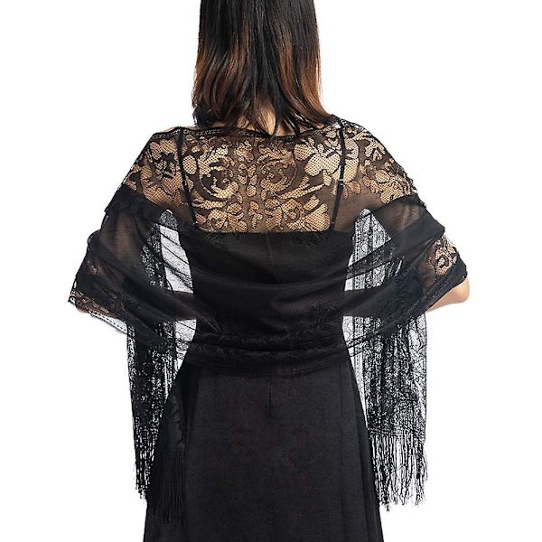 Ladiery Dam Floral Spets Sjal Med Tofs, Mjuk Mesh Frans Wraps Black