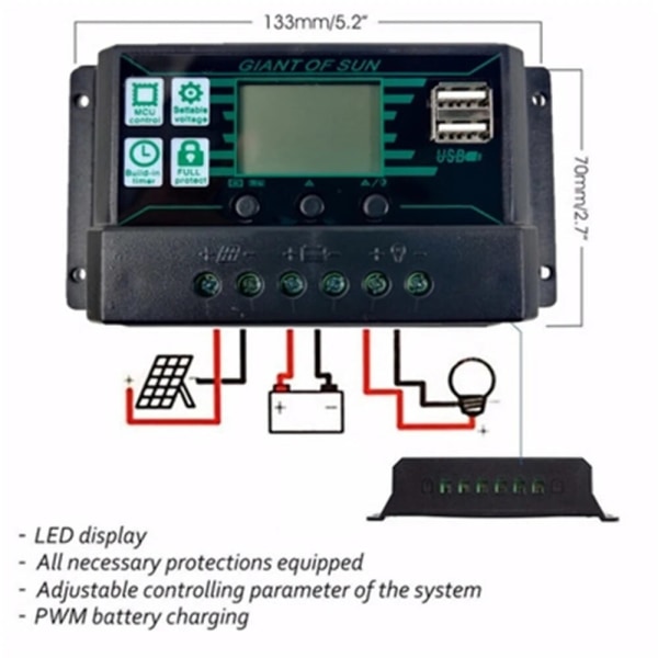 10A MPPT PWM Solar Charge Controller 12V 24V LCD-skærm 2 USB-porte Solpanel batteriregulator