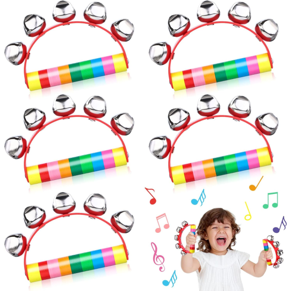 5-pak regnbuehåndtag rangle, bærbar slædeklokke, tamburin-rangle, træhåndtag, rangle, børns håndholdt rangle, musikoplysning