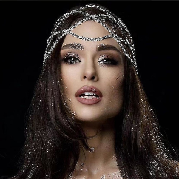 Kvinnor Hollow Strass Mesh Headpiece Bröllop Head Chain Smycken Crystal Pannband Hårtillbehör Silver