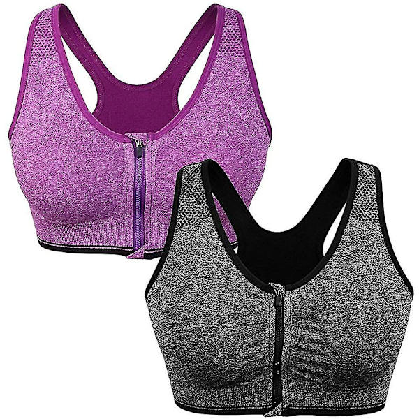 Sport-BH för kvinnor med dragkedja framtill, trådlös BH efter operation, aktiv yoga-BH grey purple 3XL