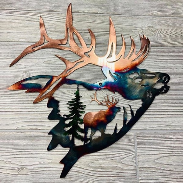 Garden statue, metal wall art decoration elk hanging in tree sculpture in living room