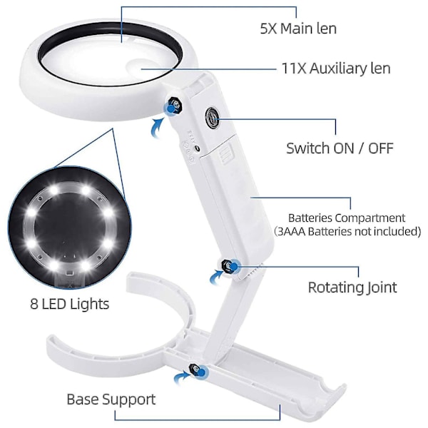 Förstoringsglas med 8 LED-lampor, 5x 11x handhållen och hopfällbar förstoringsglas & belyst skrivbord 2 i 1 uppgraderad version