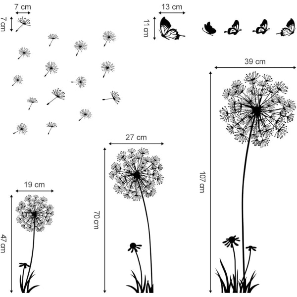 Seinätarra Dandelion ja Butterfly Seinätarra Makuuhuoneen Olohuoneen Toimiston Seinäkoriste (Musta)