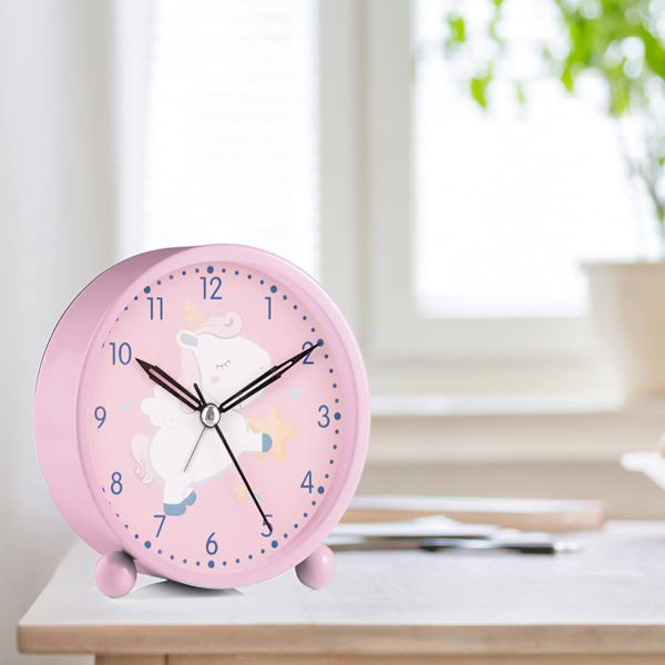 Barn Analog Klocka Pojke Flicka Larmklocka, Tyst Icke-Tickande Larmklocka, Snooze Sängbordslarmklocka, Lätt att Ställa in och Batteridriven Rosa Enhörning