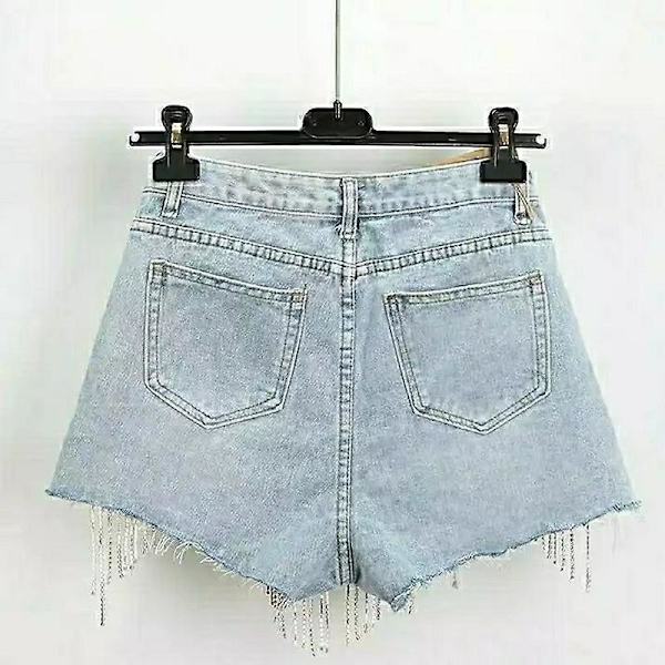 Sommarripped jeans shorts femme hög midja diamant tofsar Y2k casual bottnar för damer denim shorts damkläder mode M