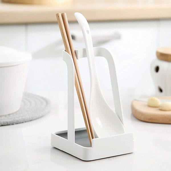 Gryde- og skeholder i stål - Multifunktionel bakke til grydelåg, kogegrej, spatel, skærebræt, tablet og opskrifter White