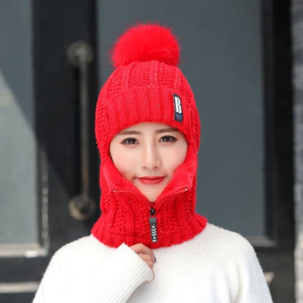 1 Strikket Hue Ski Hat Sæt Vindtæt Vinter Udendørs strikket tykt tørklæde i ét stykke, rød