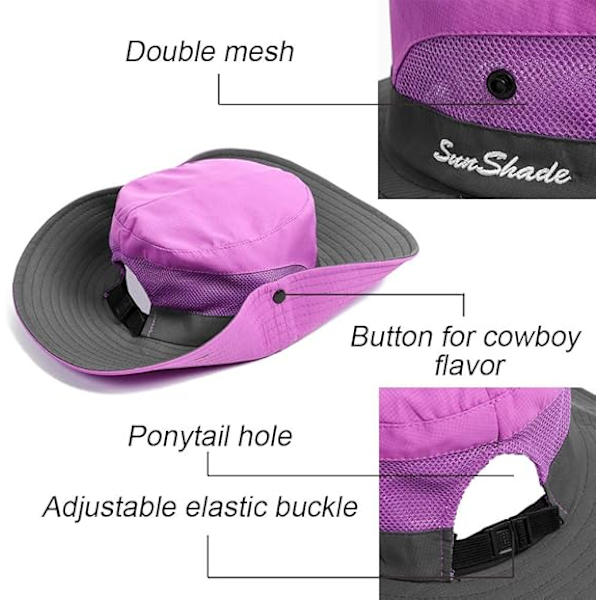Lila + Grå - Dam Solhatt Bred Brätte Bucket Mesh Boonie Hattar Utomhus Fiske UV-skydd