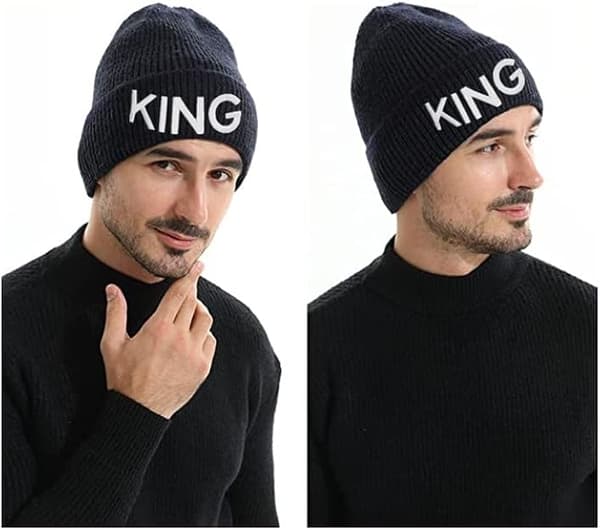 Julegave til par, konge og dronning strikkede vinterhatte til ham og hende, sort og hvid, 2 stk.