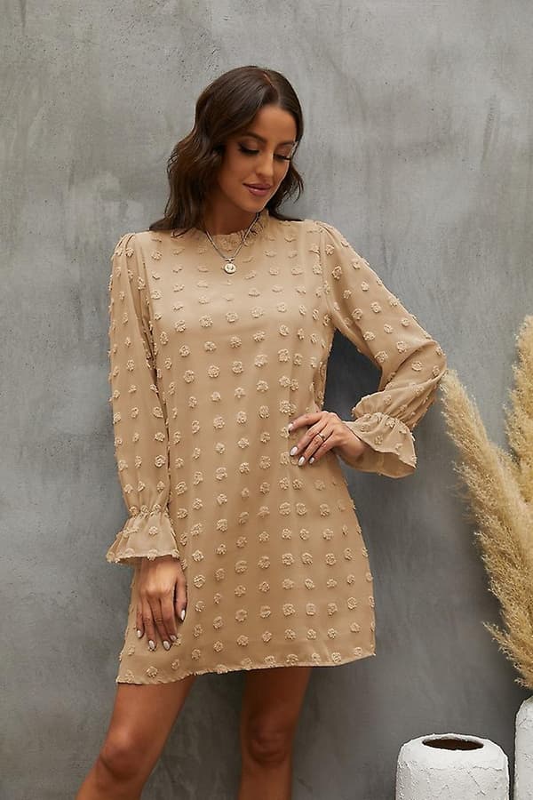Bubble Langærmet Chiffon Jacquard Bundkjole Khaki XXL