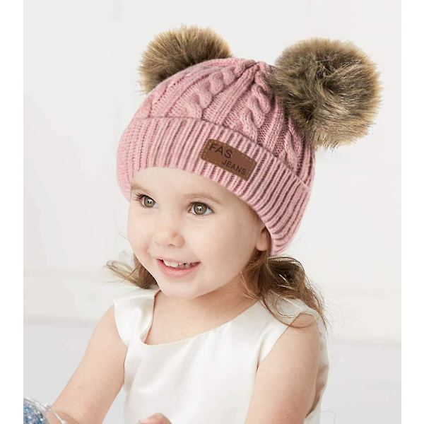 Spädbarn Småbarn Ullmössa Enfärgad Vinter Twist Dubbel Pom Pom Stickad Mössa Dark Pink