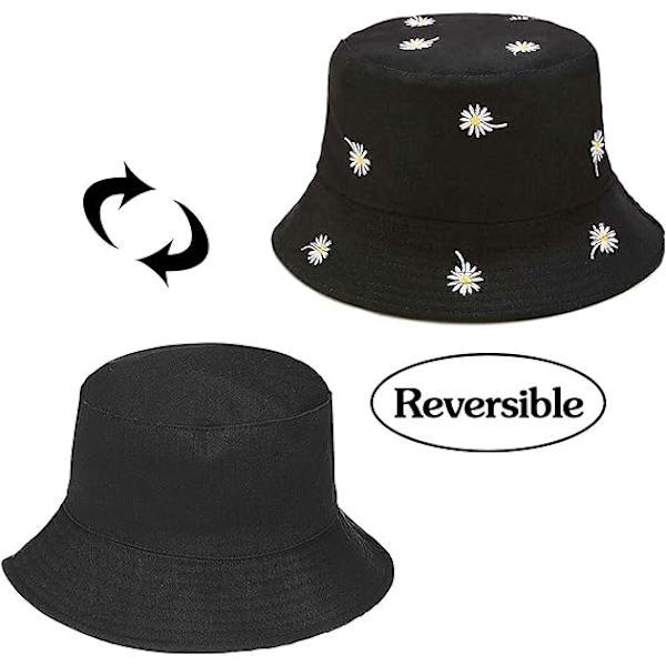 Vändbar hatt Bucket Hat Fiske solhatt för kvinnor flickor，Daisy Black
