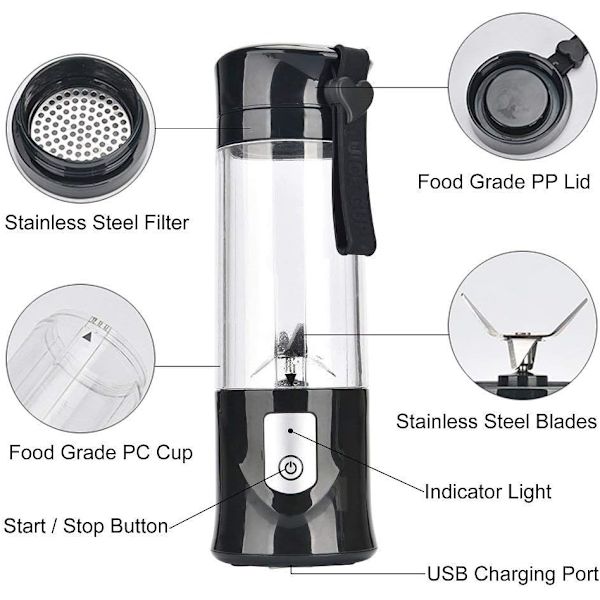 USB Säkerhet Elektrisk Juicer Cup, Juice Blender, Laddningsbar Mini Bärbar Blender/Juice Blender Krossad Is Blender Svart