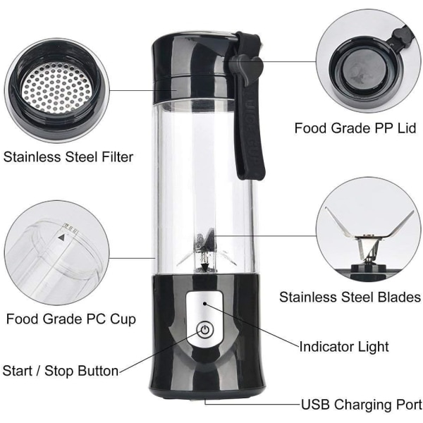 USB Sikkerheds Elektrisk Juicer Kop, Juice Blender, Genopladelig Mini Bærbar Blender/Juice Blender Knust Is Blender Sort