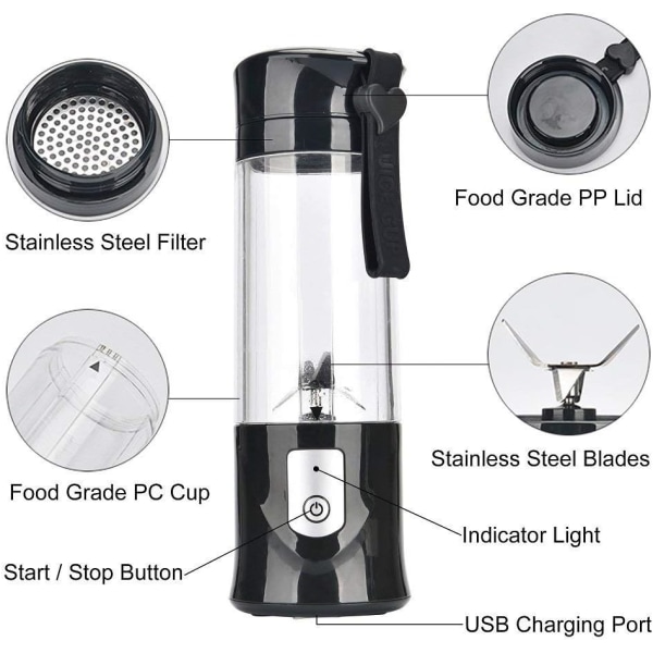 USB-turvallinen sähkömehumaija, mehu- ja smoothieblenderi, ladattava minikokoinen kannettava blenderi/mehu- ja smoothieblenderi murskattu jää musta