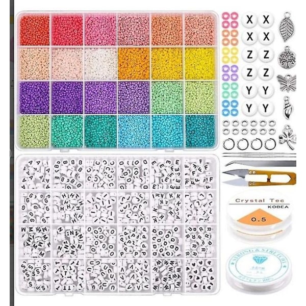 Craft Beads Kit 10800 st 3 mm glaspärlor och 1200 st bokstavspärlor för vänskapsarmband smyckestillverkning halsband och nyckelringar med 2 rullar O