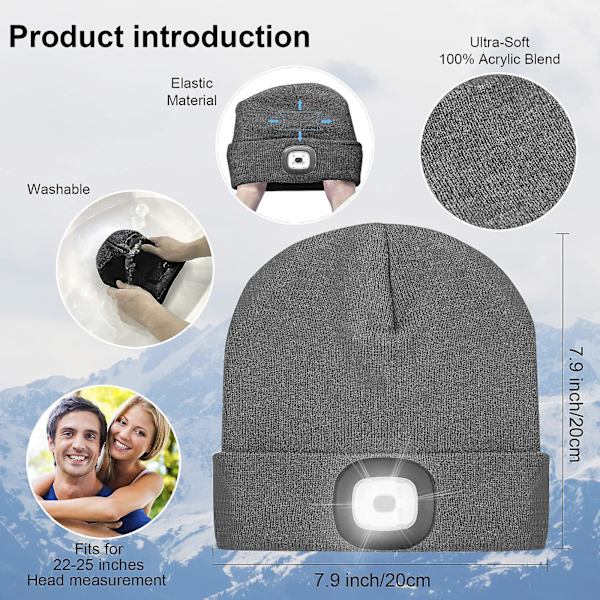 Unisex Led-valolla varustettu pipo, USB-ladattava, handsfree, 4 LED-otsalamppuhattu, lämmin talvinen neulottu hattu LED-taskulampulla patikointiin, pyöräilyyn, leirintään 14