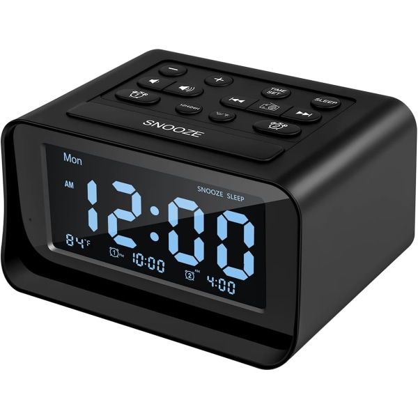 Klockradio med dubbla alarm, digital väckarklocka med 2 USB-laddningsportar, 0-100 % dimbar, justerbar volym, inomhus termometer svart