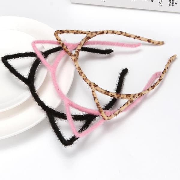 3 st Kvinnor Flickor Söta För Kattöron Plysch Hårband Leopard Solid Elastisk Hårbåge Par