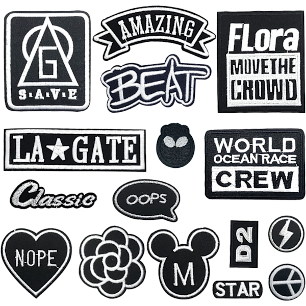 16 stk. dekorative broderede patches, slogan broderi stryge-på patch sort hvid applikation patch klistermærke sy-på patches til tøj T-shirt jeans ja