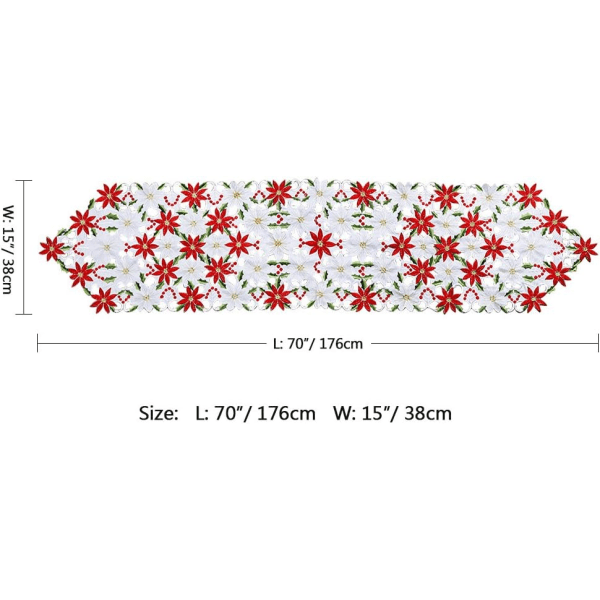 Jul brodert duk Poinsettia Holly Leaf duk for juledekorasjon 15 x 69 tommer