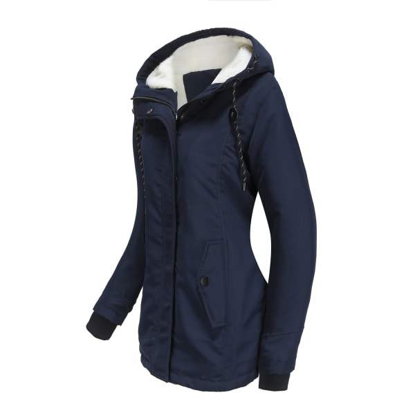 Varm vinterjacka med Sherpa-foder för kvinnor, tjock parkas med huva Navy 2XL