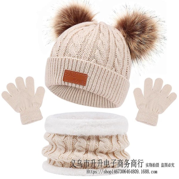 Hattørklæde og handskesæt, vinterhatte til børn 3-delt, beanie halsvarmer og handsker til børn Beige