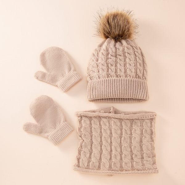 Ull enfärgad stekt degknut varm barnhatt halsduk handskar tredelad fläck barnhatt set khaki