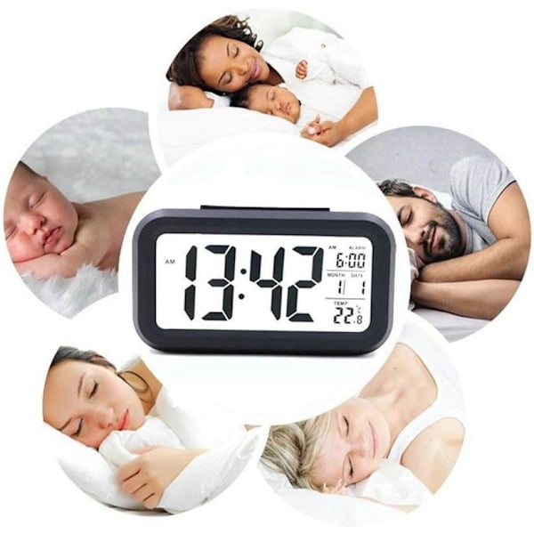Kreativ väckarklocka morgon snooze väckarklocka väckarklocka LED bakgrundsbelyst skärm digital display med kalenderdatum, temperatur, tid, smart indikator