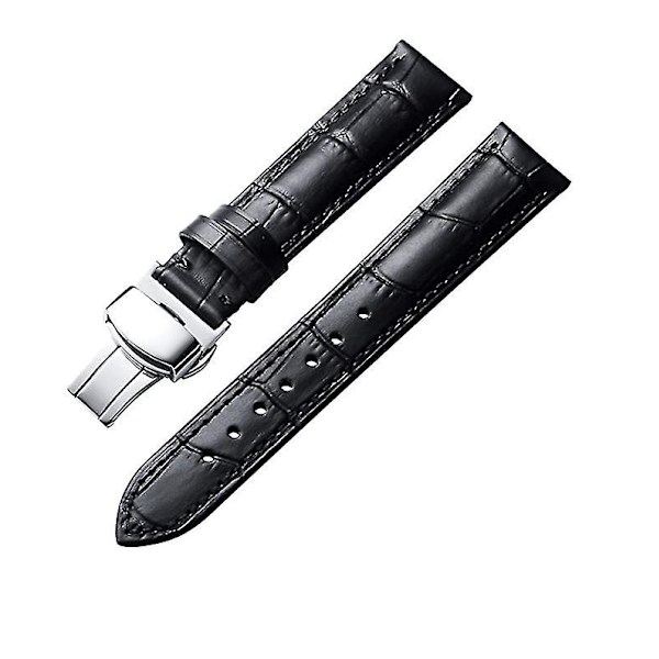 Läderklockarmband Ersättning Alligator Rem För Män Kvinnor Med Silver Fjärils Deployment Spänne 22mm Black